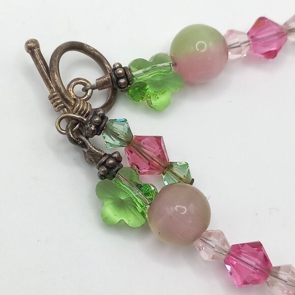 Artisan Art Glass Bead and Crystals Sterling Toggle Bracelet 925 - Picture 8 of 9